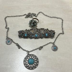 Vintage Silver and Blue Marble Stones. Necklace, Ring and Bracelet Bundle